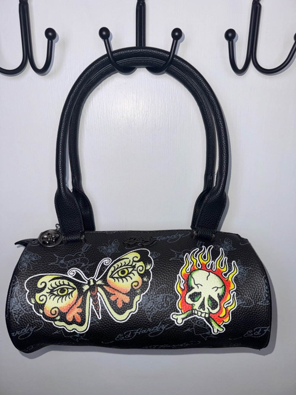 NWT Ed Hardy Black Barrel Bag with Butterfly & Flaming Skull